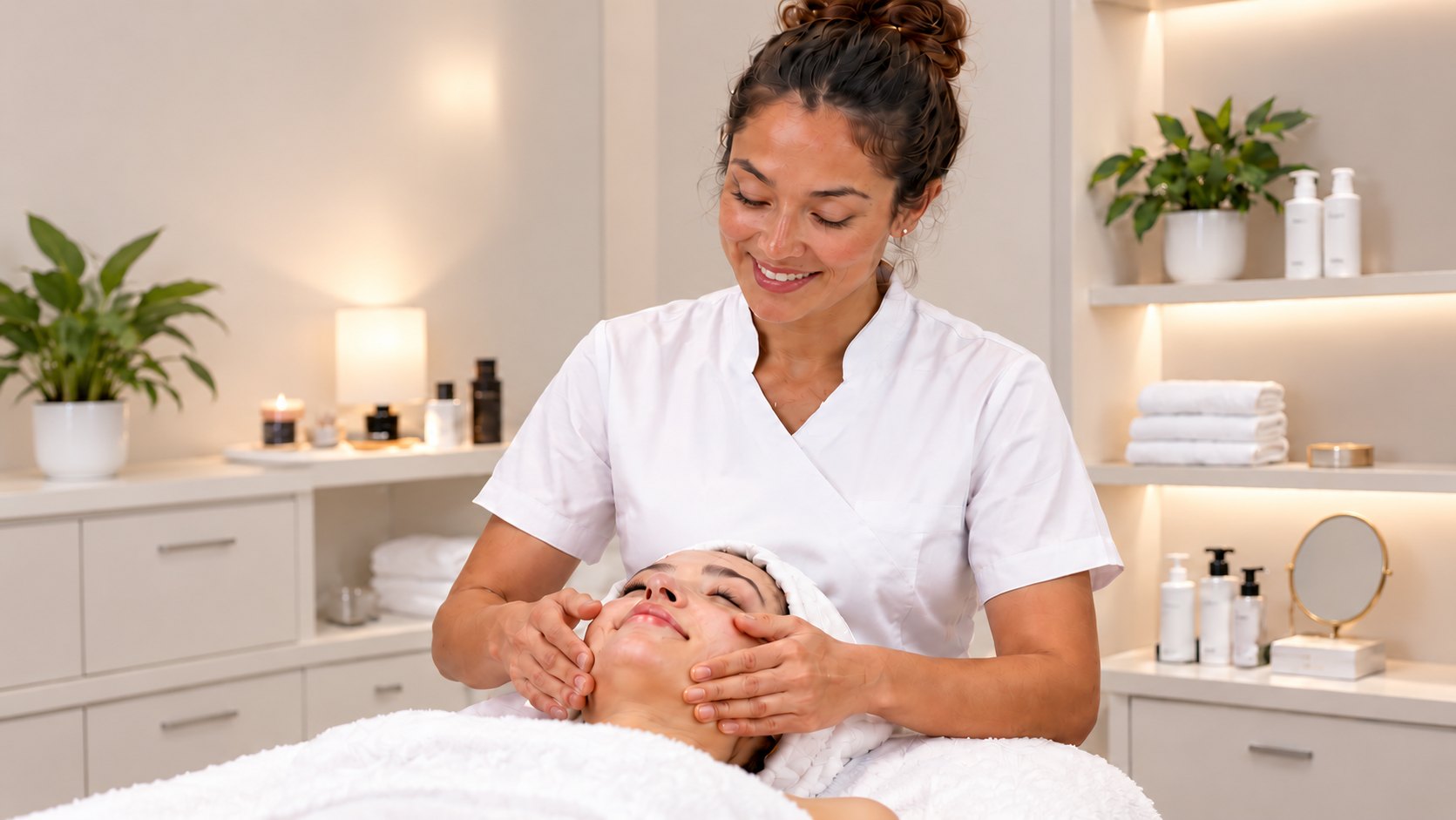 Esthéticienne réalisant un soin du visage en institut — formation CAP Esthétique